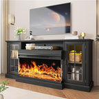 oneinmil 36 Inch 3-Sided Glass Fireplace TV Stand for TVs up to 80", Rustic Media Entertainment Center Console Table with Glass Door Closed Storage, Set of TV Table, Black