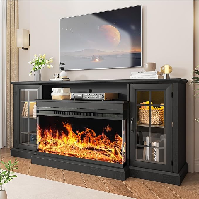 oneinmil 36 Inch 3-Sided Glass Fireplace TV Stand for TVs up to 80", Rustic Media Entertainment Center Console Table with Glass Door Closed Storage, Set of TV Table, Black