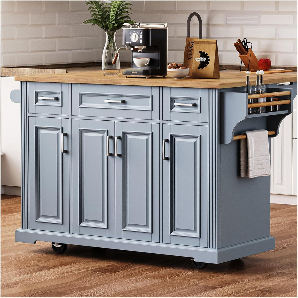 54-Inch Rolling Kitchen Island with Drop Leaf | Grey Blue
