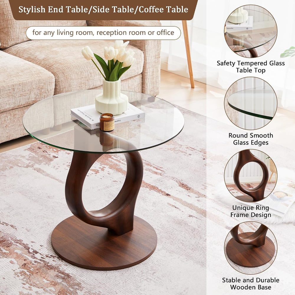 27.5” Large Glass End Table, Round Side Tables with Tempered Glass Tabletop, ...