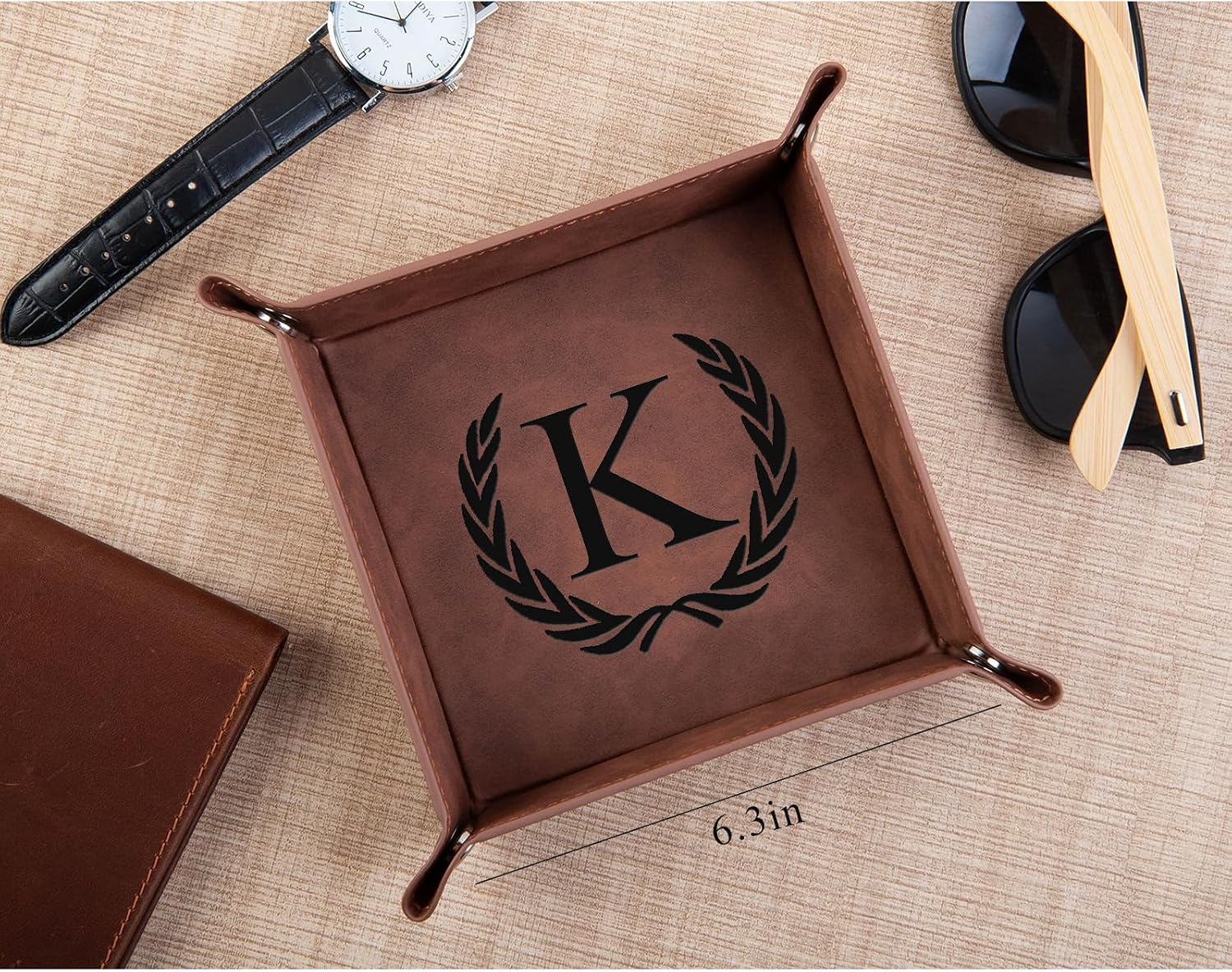 Personalized Leather Valet Tray Engraved Initials Key Tray Nightstand Organizer Valentines Day Birthday for Men Dad Husband Boyfriend (M)