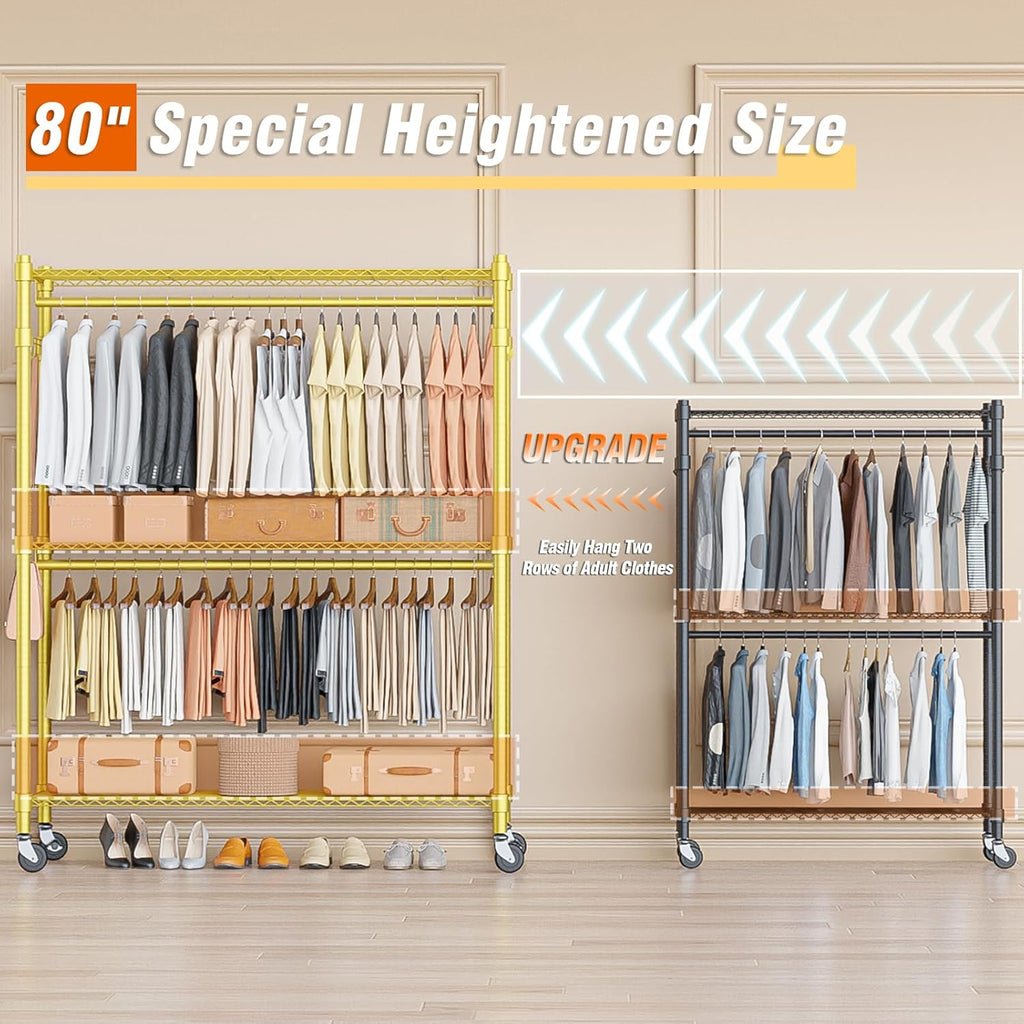 Homdox Gold Heavy Duty Clothes Rack with Wheels, 3-Tier Rolling Metal Garment Organizer with Double Hanging Rods & Hooks, Freestanding Portable Closet, 17.72" D x 47.24" W x 80.71" H
