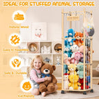 Stuffed Animal Storage & Holder, Natural Pine Wood Plushies Storage with Wheels, Large Capacity Stuffed Animal Zoo with Building Block Bag, Space Save Toy Organizer for Nursery Playroom & Bedroom