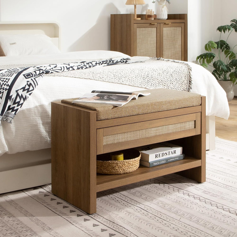 SICOTAS Rattan Shoe Bench Entryway Bench with Storage Drawer, Linen Cushion |...