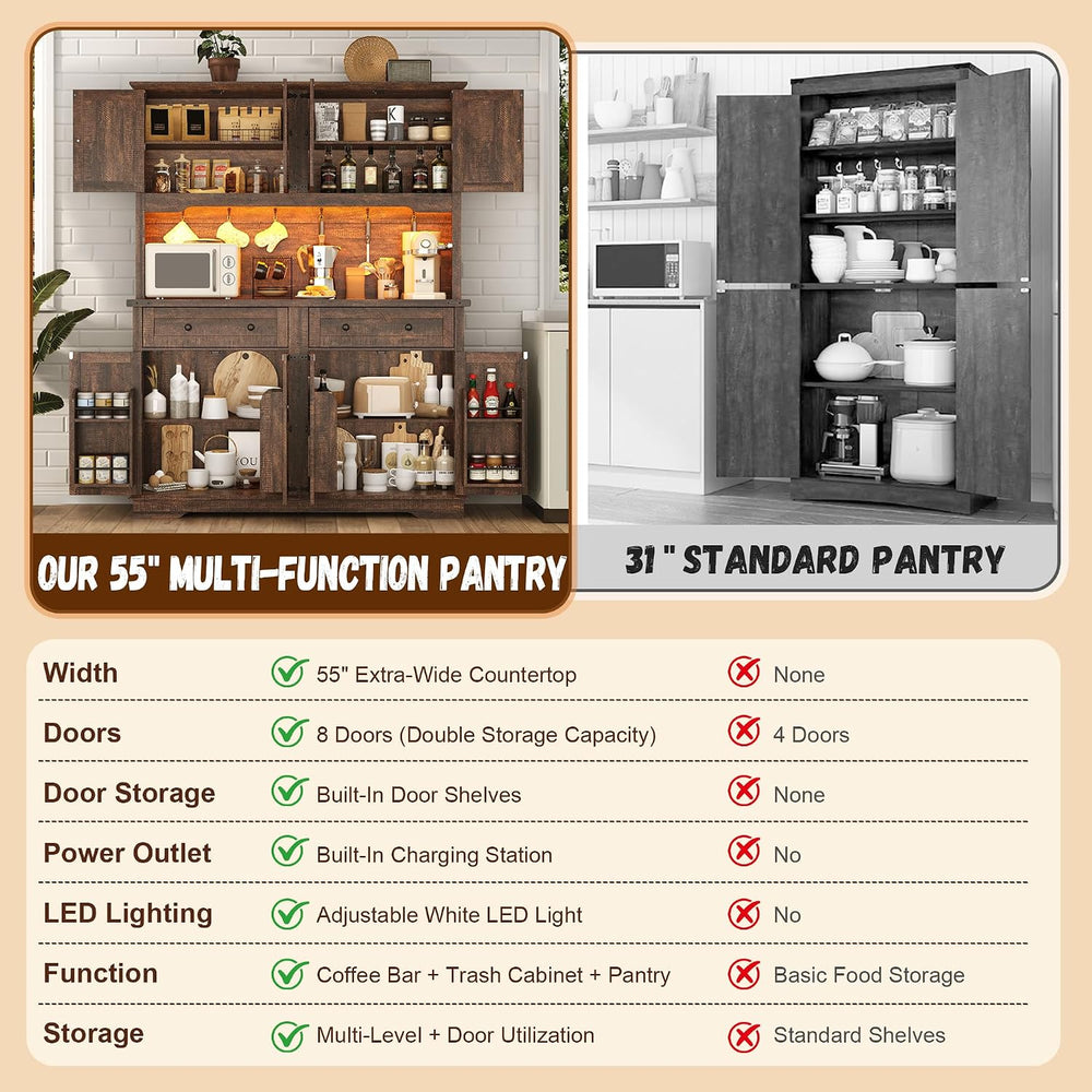71" Tall Large Pantry Storage Cabinet w/Power Outlet,55" Wide Farmh...