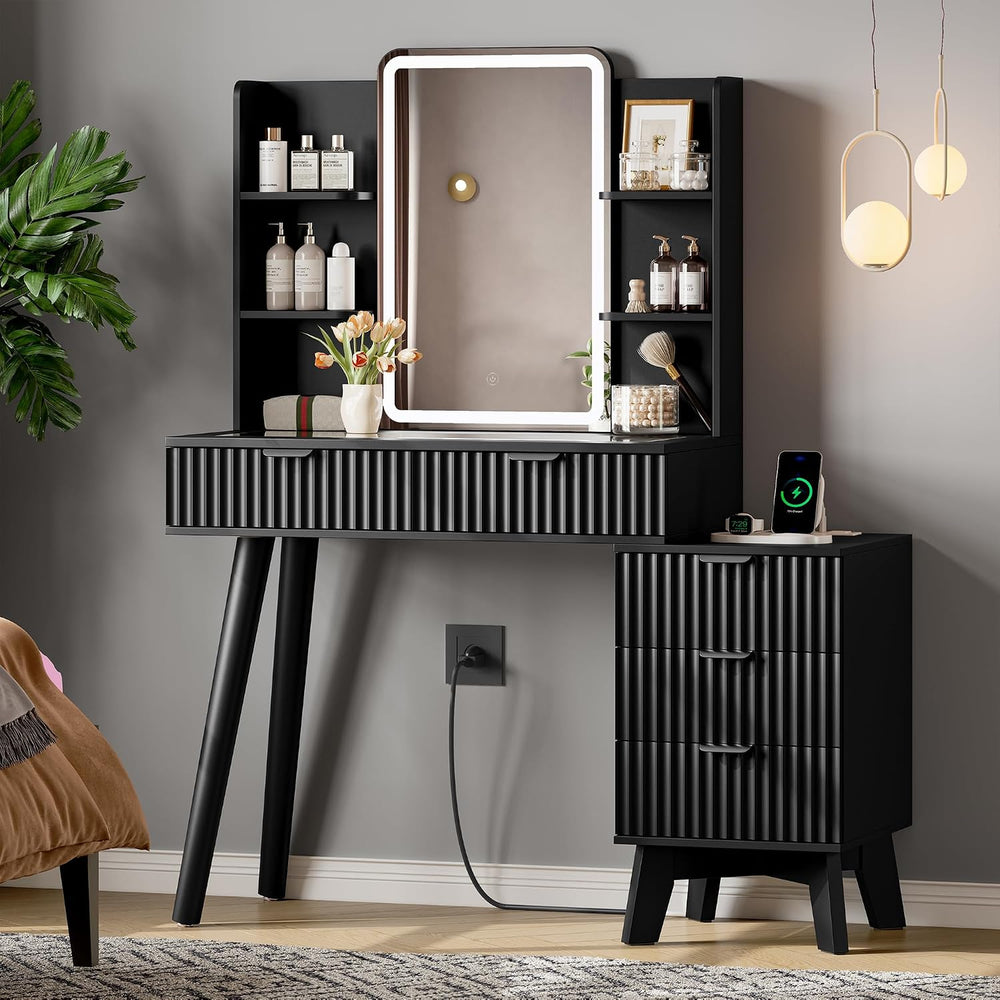 Vanity Desk With HD Lighted Mirror and Lights, Fluted Small Makeup Vanity wit...