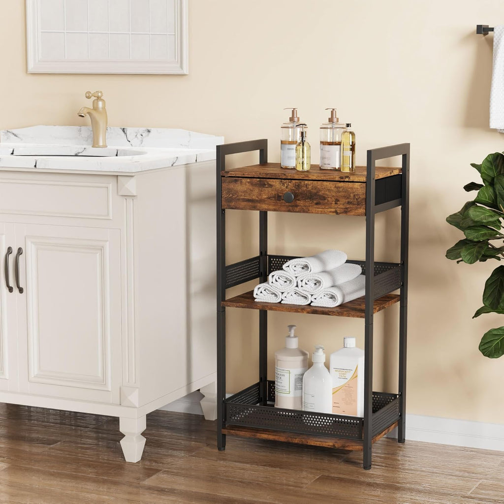 FAVOOSTY Bathroom Ladder Shelf, 3-Tier Bathroom Floor Storage Shelf with Drawer, Freestanding Towel Shelf, Bookcase End Table Open Shelving Unit for Living Room,Balcony, Rustic Brown