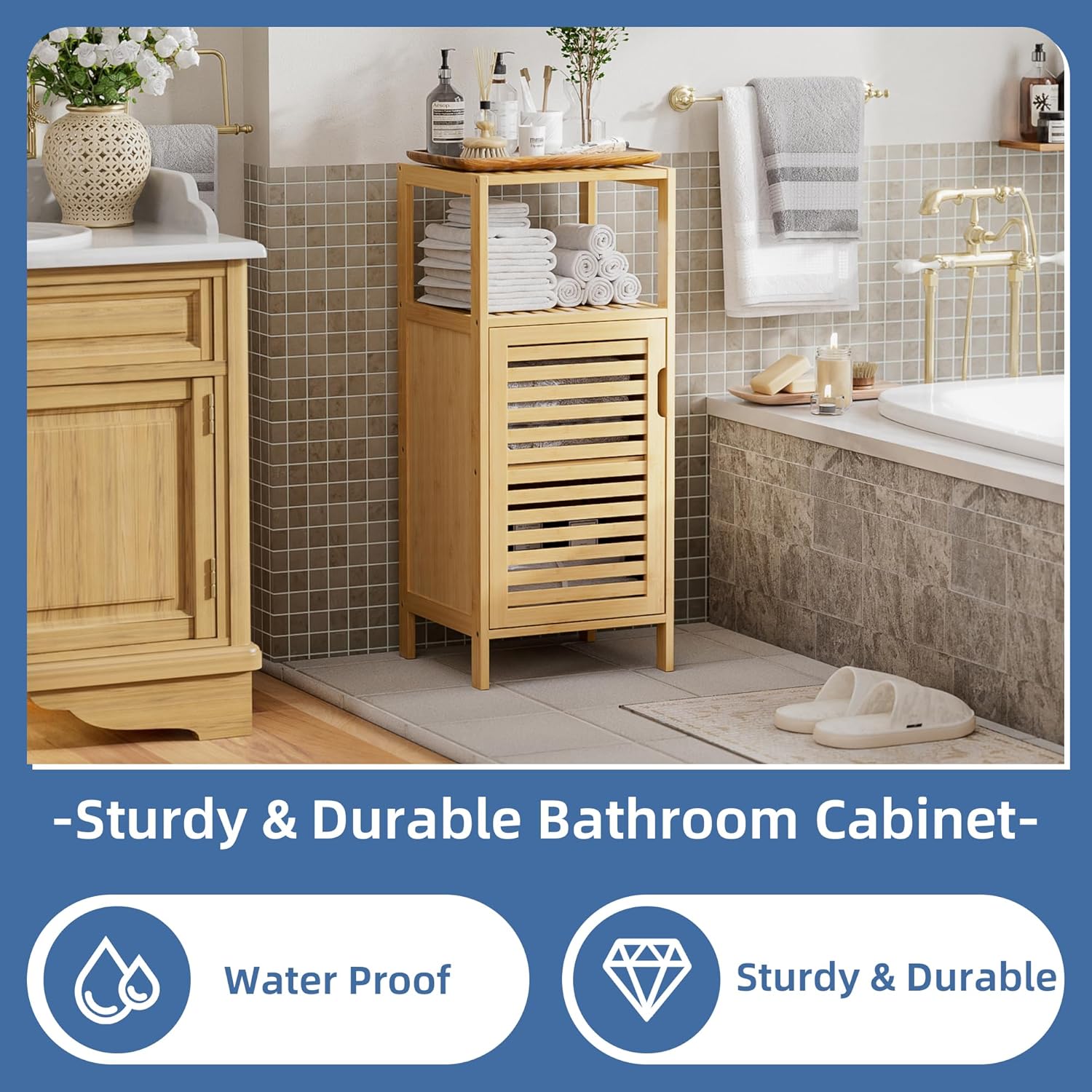 HITNET Bathroom Cabinet Freestanding, Small Bamboo Floor Cabinet, 4 Tier Single Door Sofa Side Table Storage Organizer, Space Saving Kitchen Cupboard, Natural