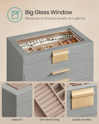 SONGMICS Jewelry Box Organizer with Glass Lid, 6-Layer Jewelry Storage, with 5 Drawers, Modern Style, Christmas Gift, 6.4 x 9.9 x 11.4 Inches, Dove Gray and Gold Color UJBC171G01