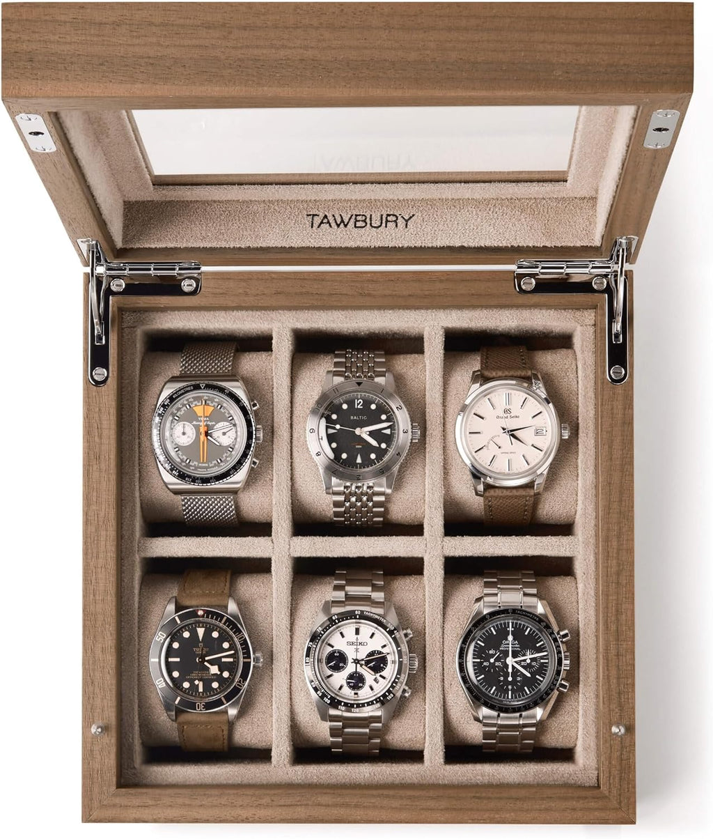TAWBURY Wooden Watch Case - 6 Slot Wood Watch Box for Men & Women with Glass Display, Protective Fully Lined Interior and 2-inch Wide Pillows for Large Watches (Light Walnut)
