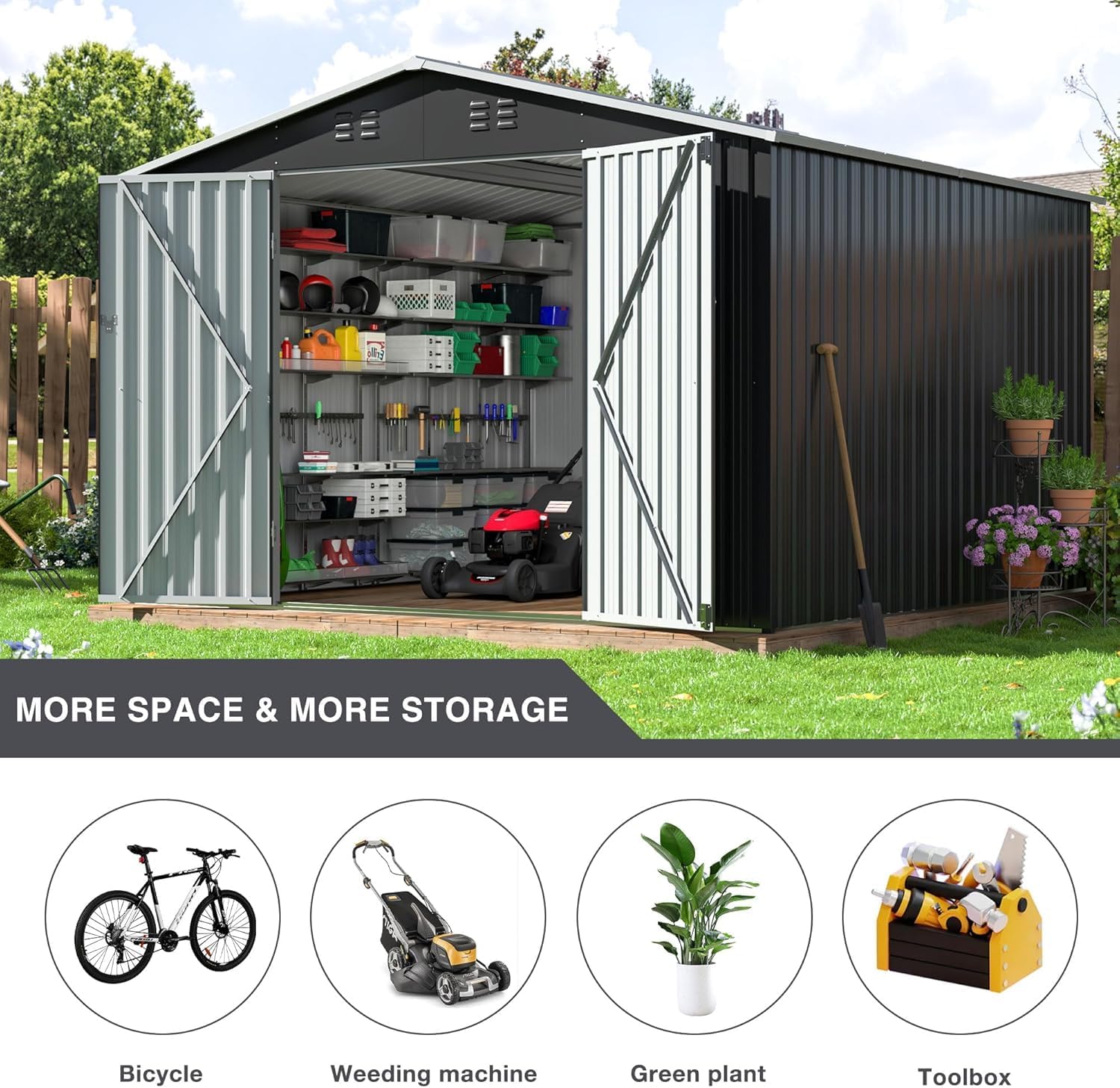 Polar Aurora 10x10 FT Outdoor Storage Shed, Metal Garden Shed with with Updated Frame Structure, Tool Sheds for Backyard Garden Patio Lawn, Black