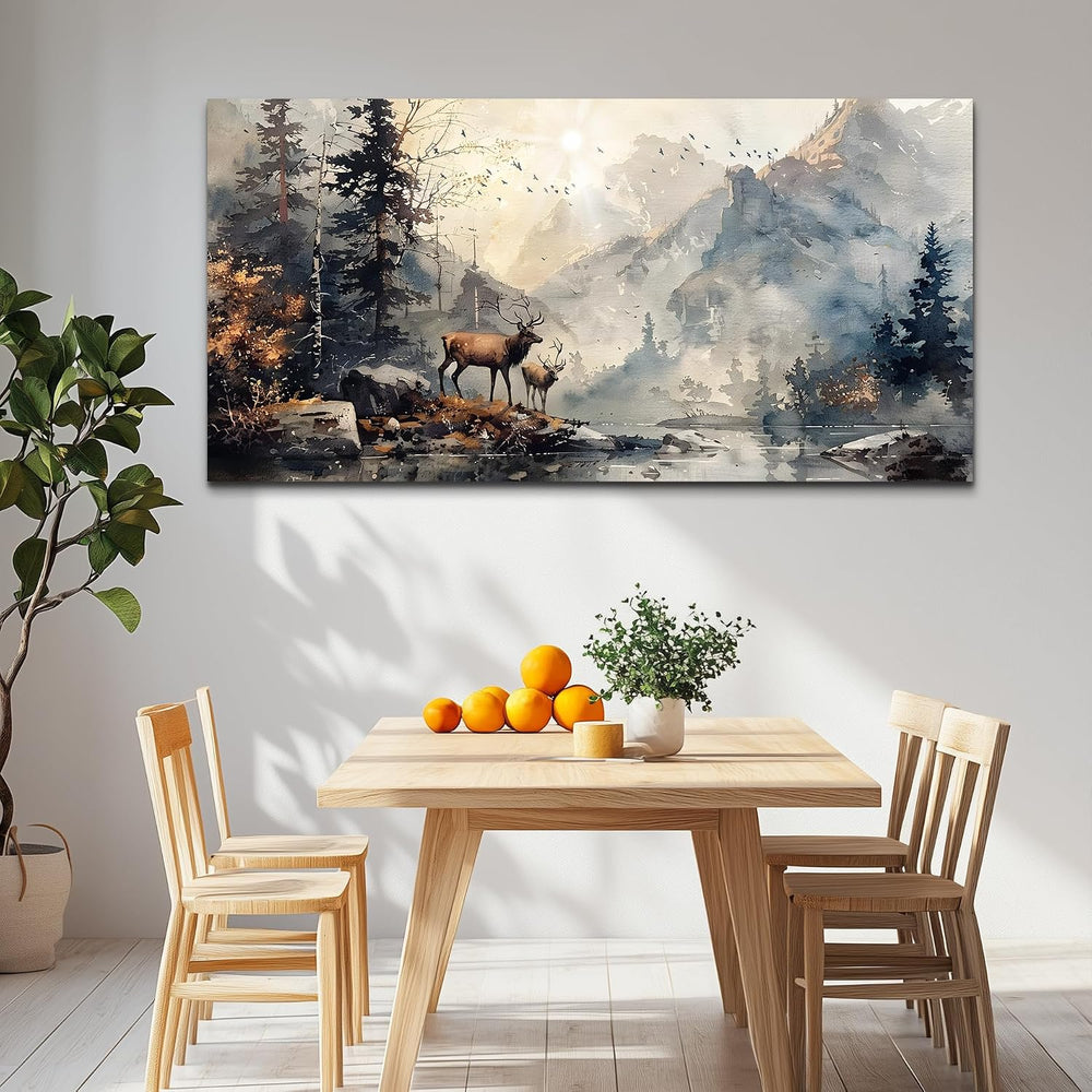 FUHAIHUA Canvas Wall Art for Living Room, Mountain Forest Deer Landscape 20x4...