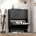 HUANLEGO Shoe Cabinet Storage for Entryway with 2 Flip Drawers, Fluted Narrow Shoe Organizer with Wooden Legs, Freestanding Slim Shoe Storage Hidden Shoe Rack Organizer for Front Door Entrance, Black