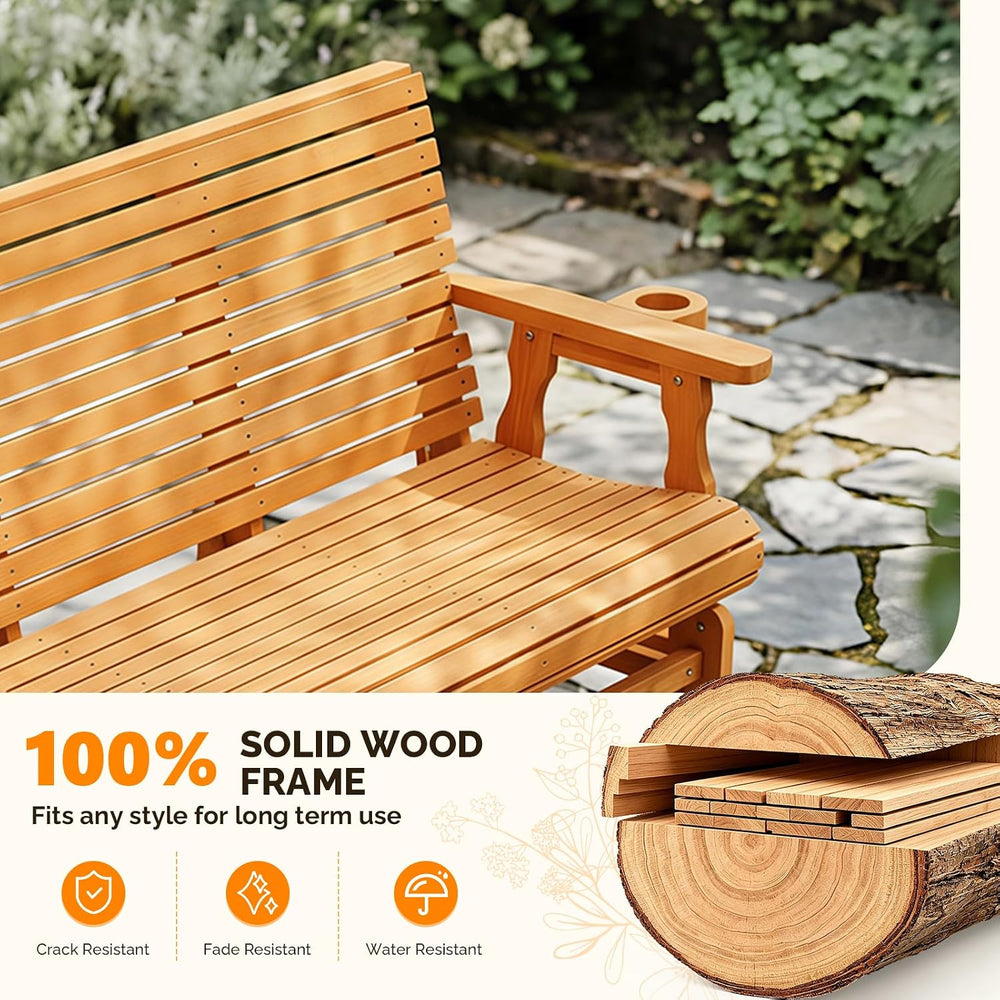 VINGLI Wooden Patio Glider, Heavy Duty 800 LBS Outdoor Glider with Cup Holder...