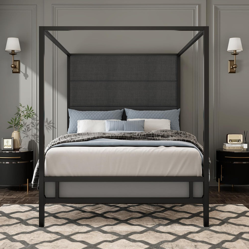 Queen Size Modern Black Canopy Bed with Tall Headboard