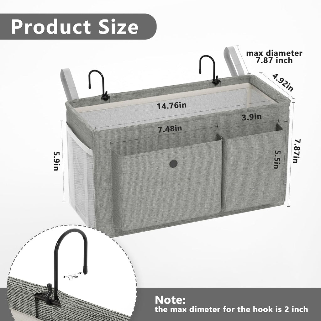 Bedside Caddy Bedside Organizer with Fixed Straps & Water Bottle Holder, Bunk Bed Caddy ideal for Home, Dorm, Hospital, Crib, Versatile Bedside Storage Solution (Grey 2pcs)