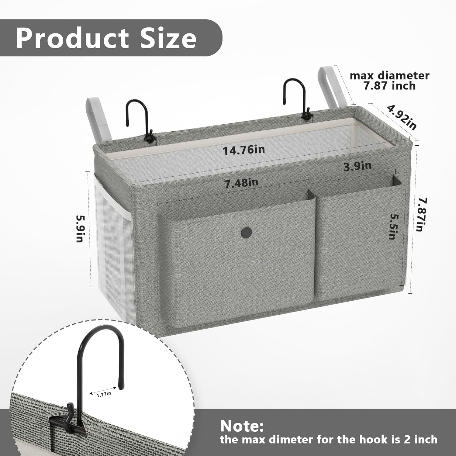 Bedside Caddy Bedside Organizer with Fixed Straps & Water Bottle Holder, Bunk Bed Caddy ideal for Home, Dorm, Hospital, Crib, Versatile Bedside Storage Solution (Grey 2pcs)