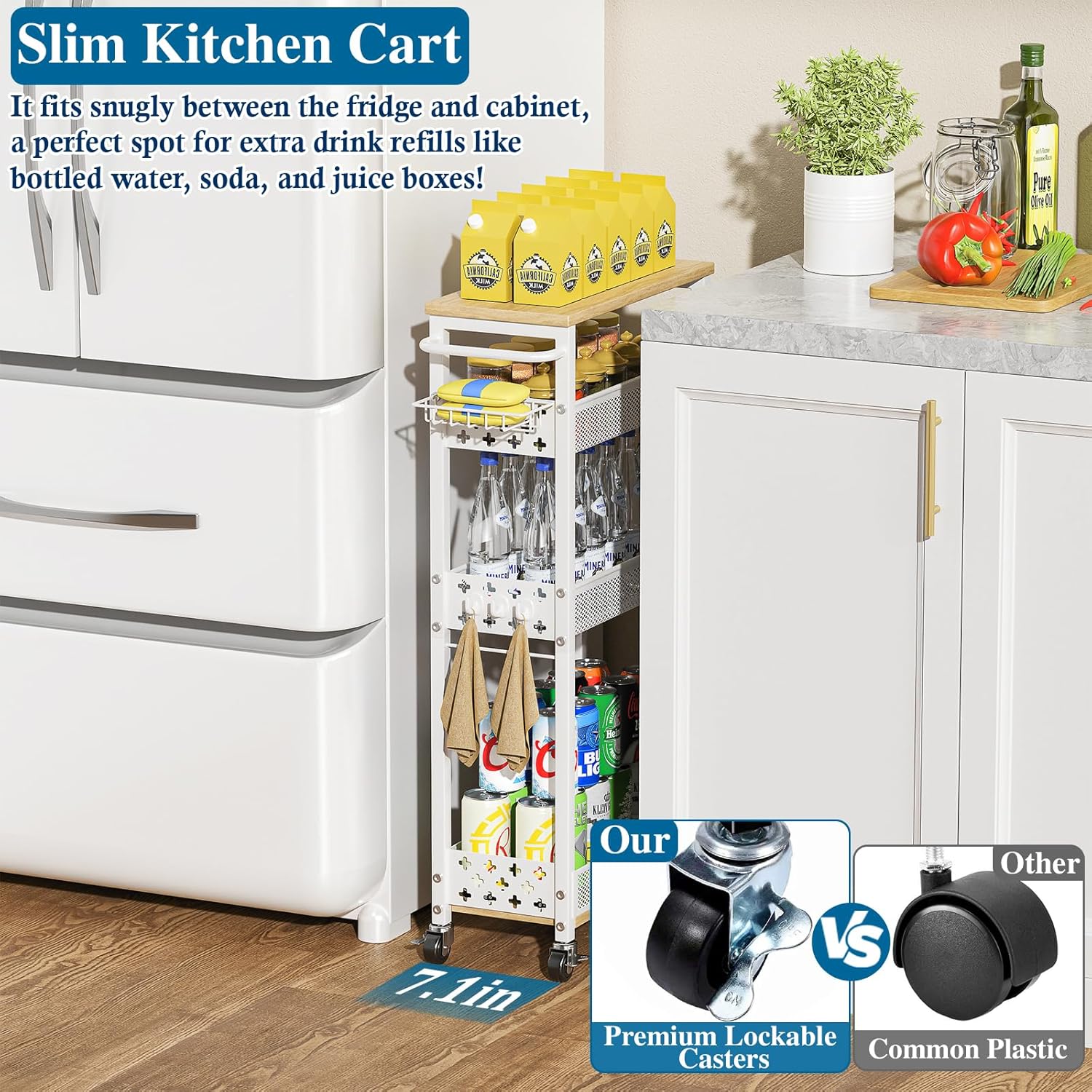 Rolling Slim Storage Cart, 4-Tier Narrow Bathroom Laundry Room Organization Cart, Metal Kitchen Storage Mobile Shelf Unit Organizer with Wood Top, Slim Utility Cart with Wheels for Small Space
