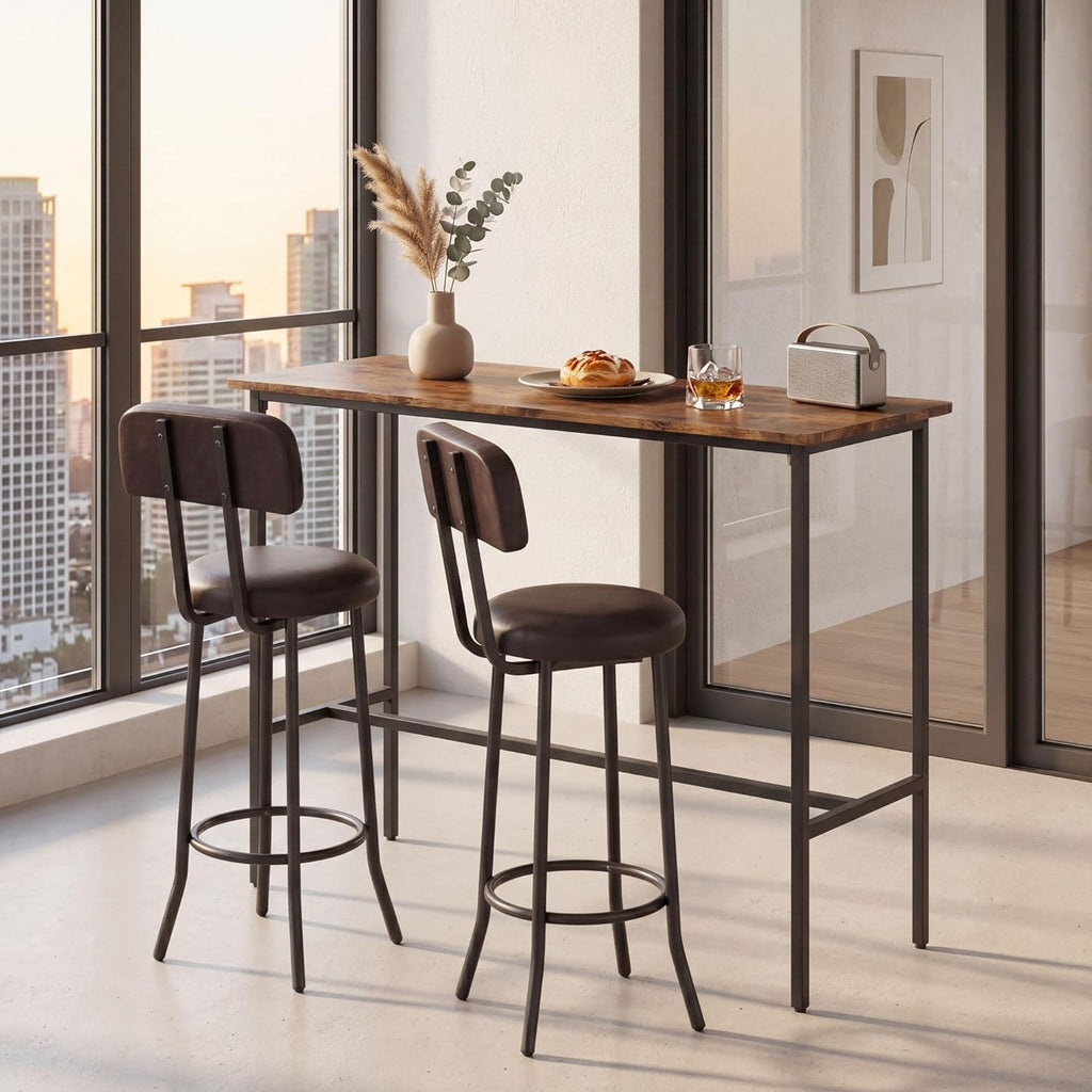 Giantex 3-Piece Bar Table and Chairs Set, Counter Height Pub Table and 2 Upholstered Stools with Backrest & Footrest, Space-Saving High Top Bistro Table Set for Breakfast Nook, Small Space