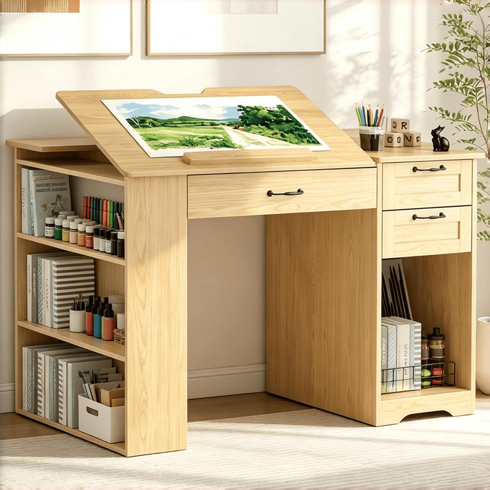 Drafting Table with Storage Cabinet & Drawers, Adjustable Drawing Desk wi...