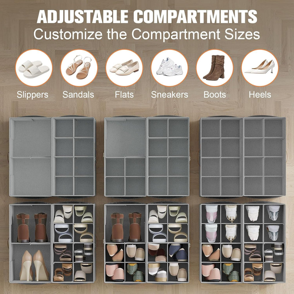 Shoe Organizer for Closet, 2 Pack Foldable Shoe Storage Organizer with Adjustable Dividers, Shoe Storage Box with Clear Cover, Fits up to 16 Pairs, Gray