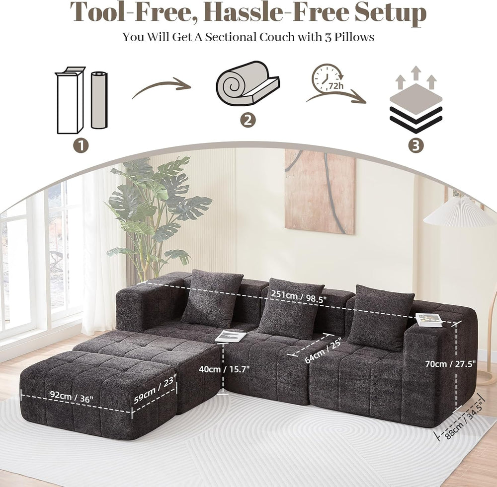 Modular Sectional Sofa with Deep Seat, Cloud Couch with 2 Movable Ottoman, No...
