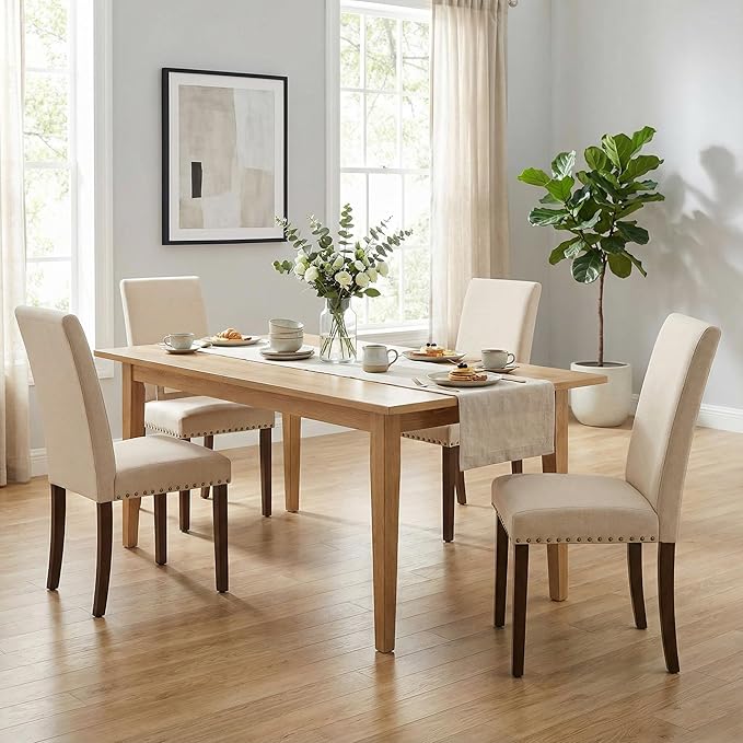 TLSUNNY Upholstered Dining Chairs Set of 2/4, Tufted Parsons Design with Nail Head Trim, Solid Wood Legs and Padded Seat, Comfortable Fabric for Dining Room, Kitchen (Beige, Set of 2)