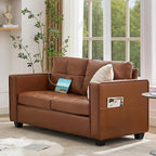 TYBOATLE 65" Faux Leather Sofa Couches for Living Room, Mid-Century Modern Tufted Comfy Loveseat w/USB Charging Ports and Wide Arms, 2 Seater Office Small Couch for Small Space Bedroom, Brown