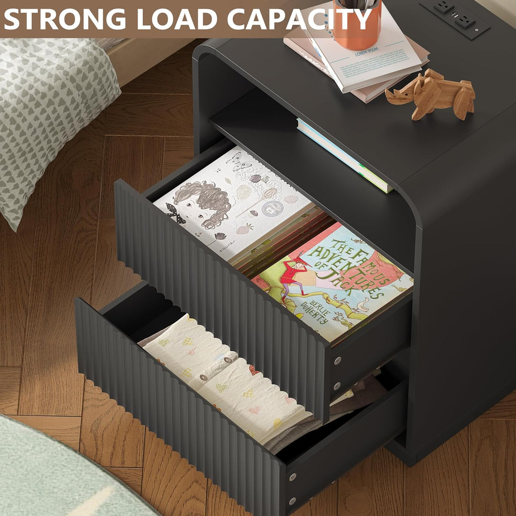 Dresser with 2 Drawers and Charging Station, Fluted Bedside Table with Round Curved Corner, Hidden Handles, 2 AC Outlets and 2 USB Ports, Modern Wood End Table with Open Shelf for Bedroom