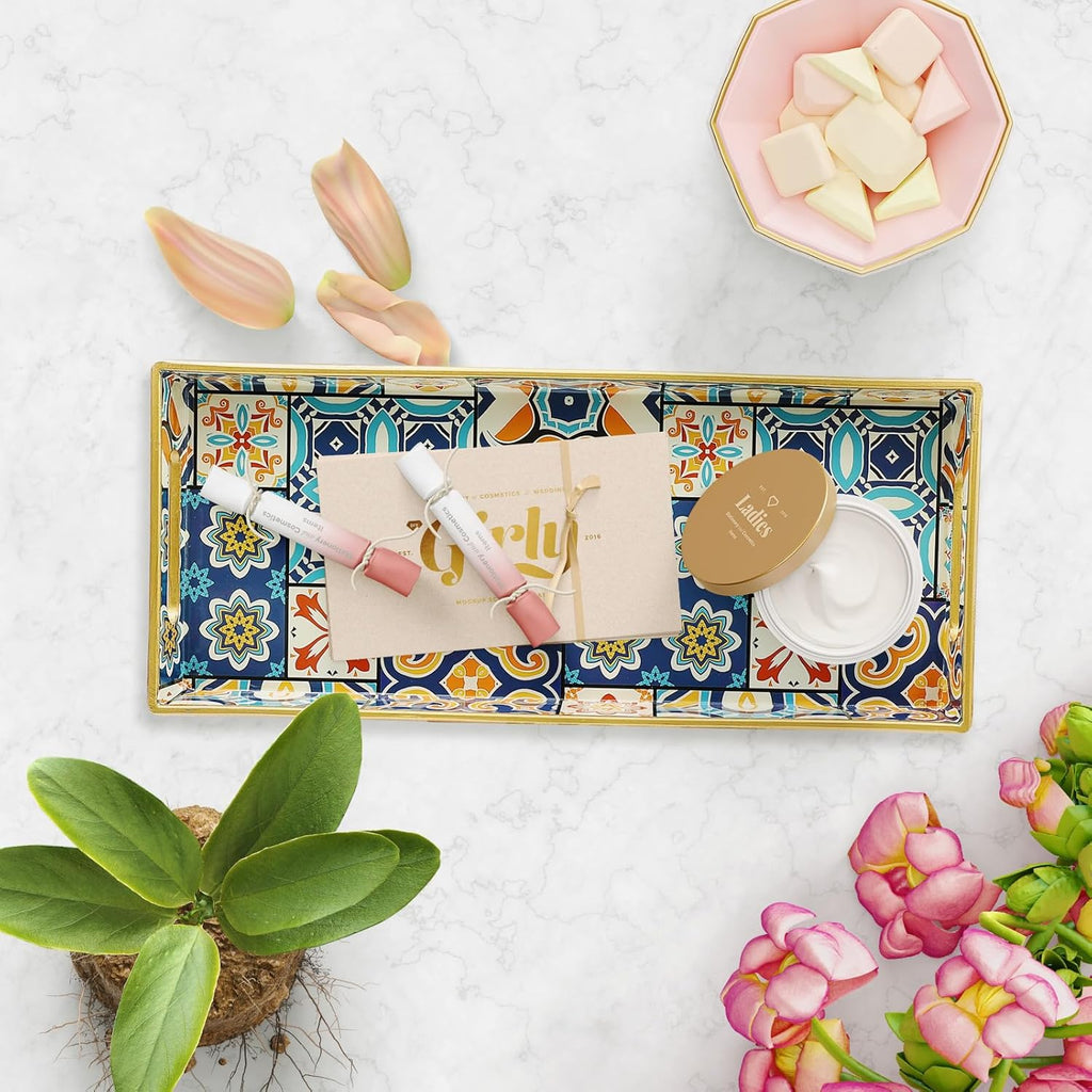 Bathroom Vanity Tray for Countertop, Small Plastic Toilet Tank Tray Versatile Storage & Organization Tray for Makeup, Perfume, Desk, Kitchen, Candles, 13.7"x6"x1.4", 35Boho2