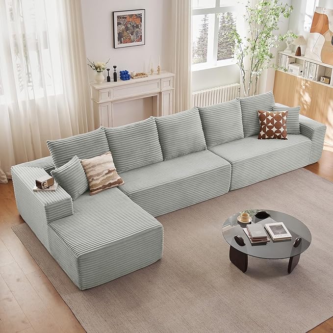 166.9" Cloud Sectional Couch with L-Shape Chaise, Modern Modular Comfy Sofa Chaise Longue, Upholstered Corduroy Couches Sleeper with Deep Seat for Living Room Bedroom, No Assembly Required, Grey