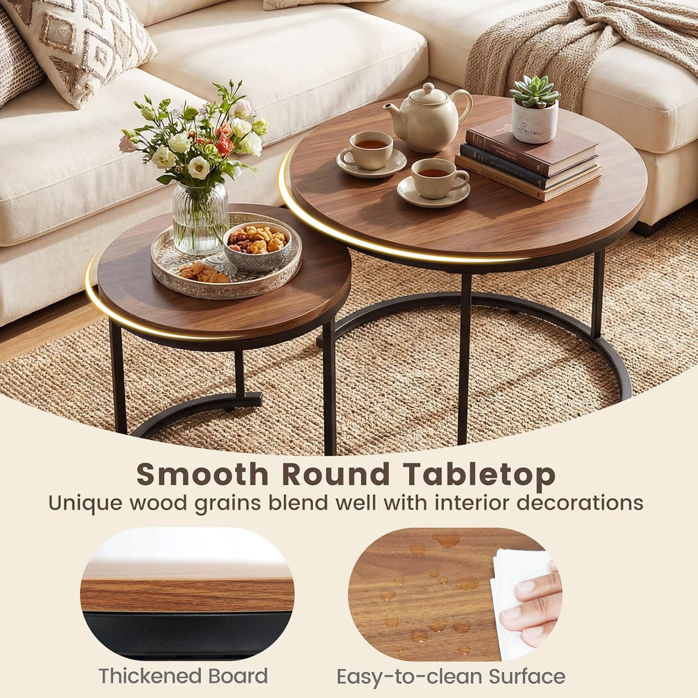 GOFLAME Nesting Coffee Tables Set of 2, Stacking Round Center Table with Wood...