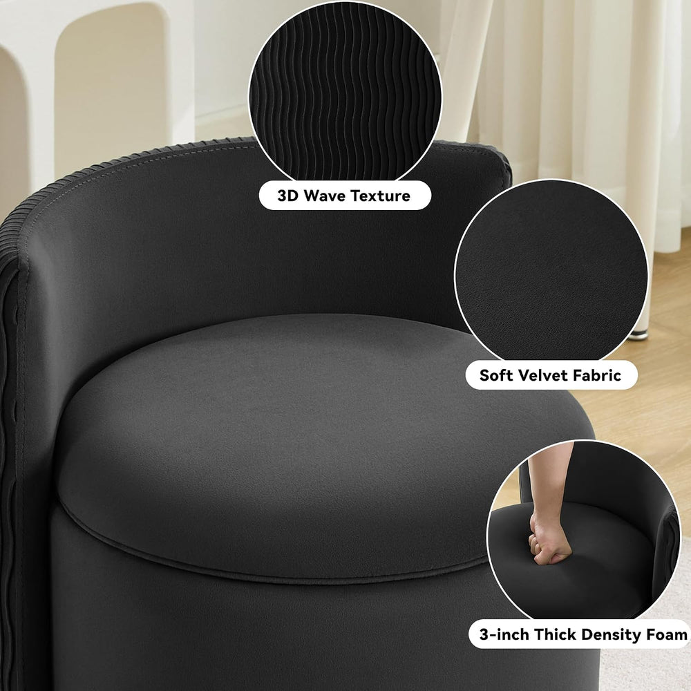 360° Swivel Velvet Vanity Chair with Storage, Barrel Makeup Chair with Wave B...