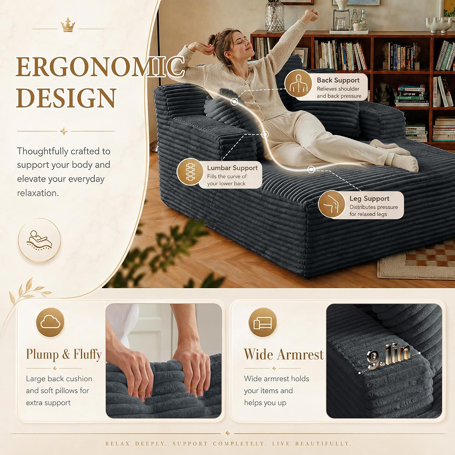 67" Chaise Lounge Chair Indoor, Corduroy Upholstered Reading Chair Oversized Boneless Chair with Deep Seat, Cloud Lounge Chair with 3 Pillows for Living Room, Bedroom, No Assembly Required