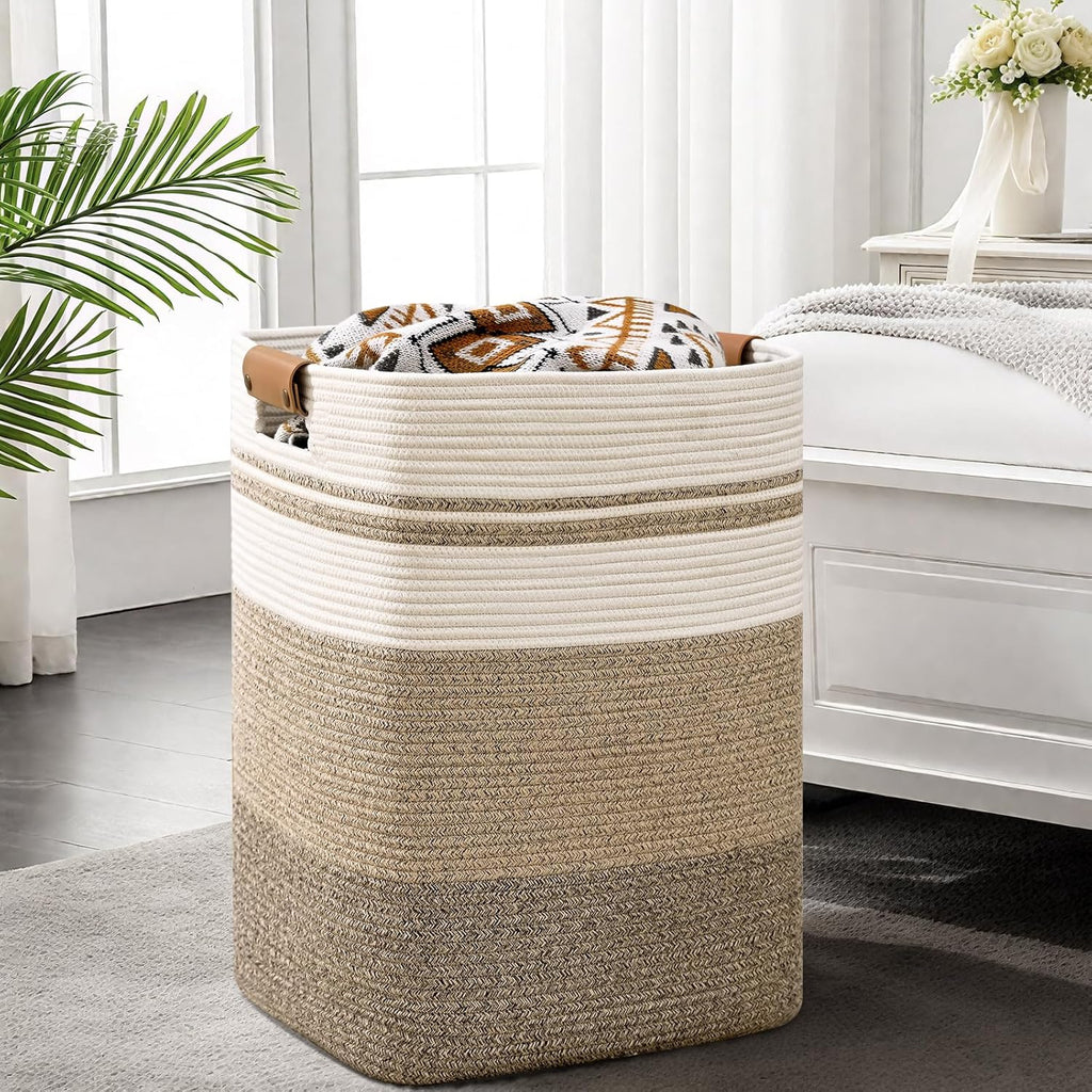 Laundry Hamper, 85L Tall Laundry Basket with Leather Handles, Rectangle Large Clothes Hamper for Organizing, Cotton Woven Laundry Baskets Storage Hampers for Bedroom, Nursery, Living Room