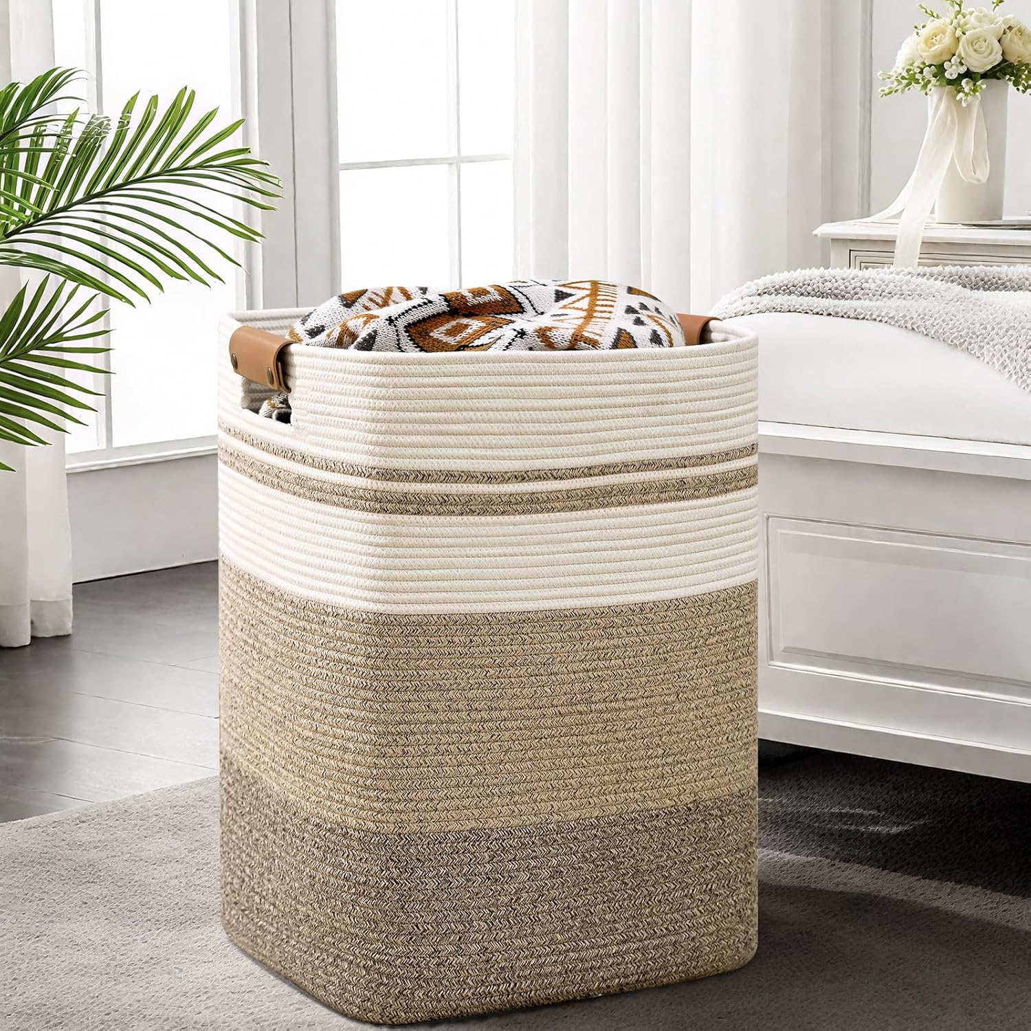 Laundry Hamper, 85L Tall Laundry Basket with Leather Handles, Rectangle Large Clothes Hamper for Organizing, Cotton Woven Laundry Baskets Storage Hampers for Bedroom, Nursery, Living Room