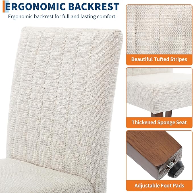 Upholstered Dining Chairs Set of 2, Modern Fabric Kitchen Side Chairs with Sturdy Wood Legs, Parsons Design, Comfortable Soft Linen for Dining Room, Restaurant, Cafe, Beige-Vertical Stripes