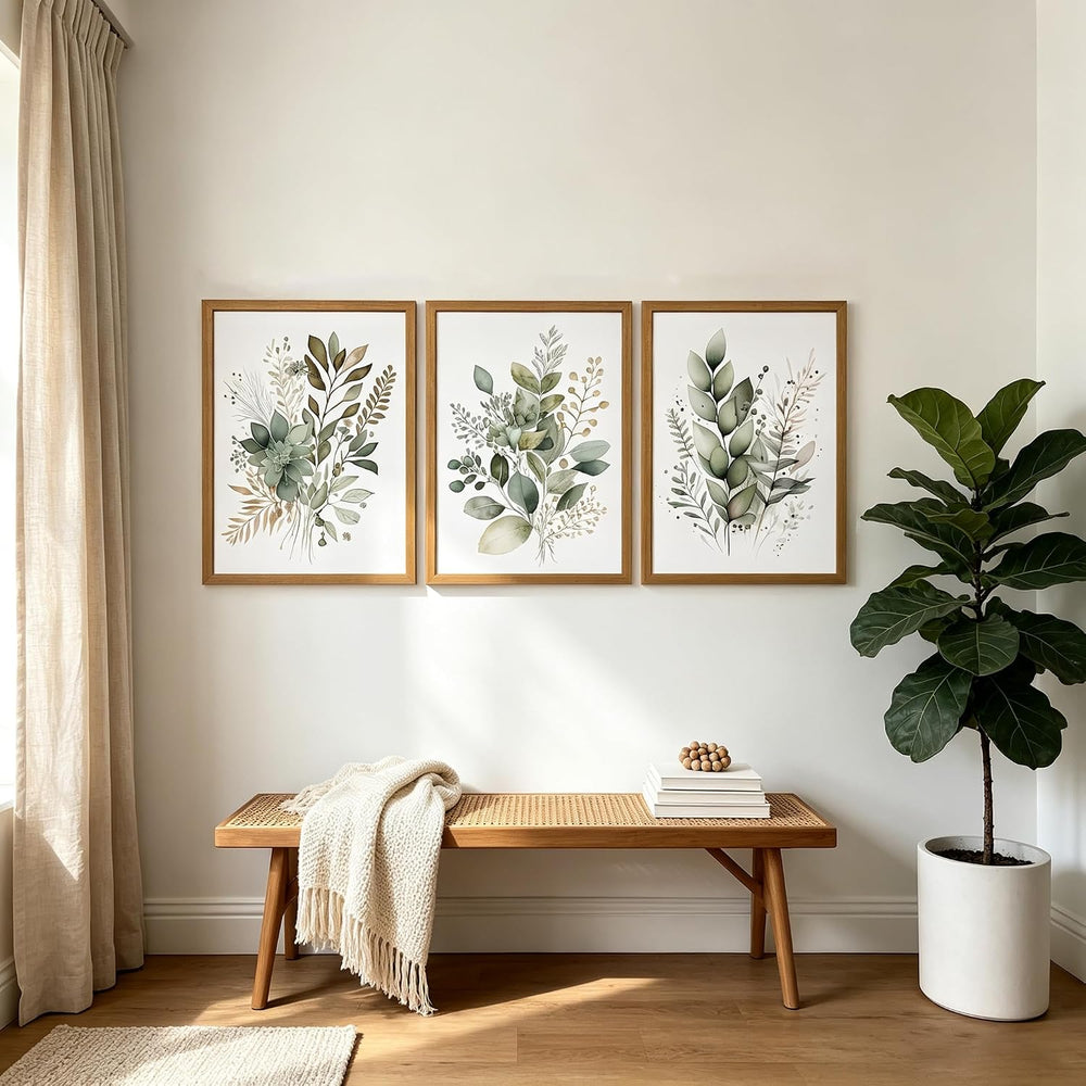Sage Green Botanical Wall Art Set of 3, Modern Watercolor Eucalyptus Leaf Can...