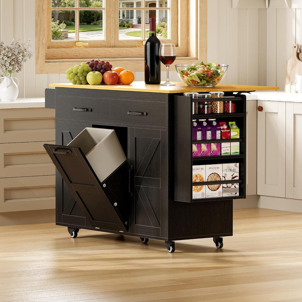 YESHOMY Kitchen Island on Wheels with Trash Cabinet, 56" Mobile Cart with Drop Leaf and Drawers, Rolling Portable Table with Spice Rack & Towel Holder for Dining Room, Black