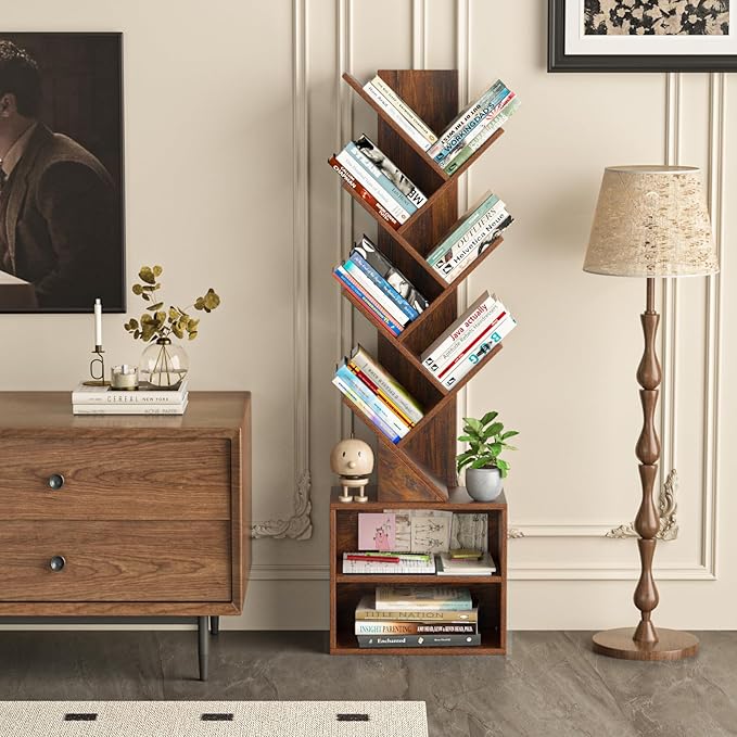 10 Tier Tree Bookshelf,Floor Standing Wood Tall Bookcase for Narrow Space, St...