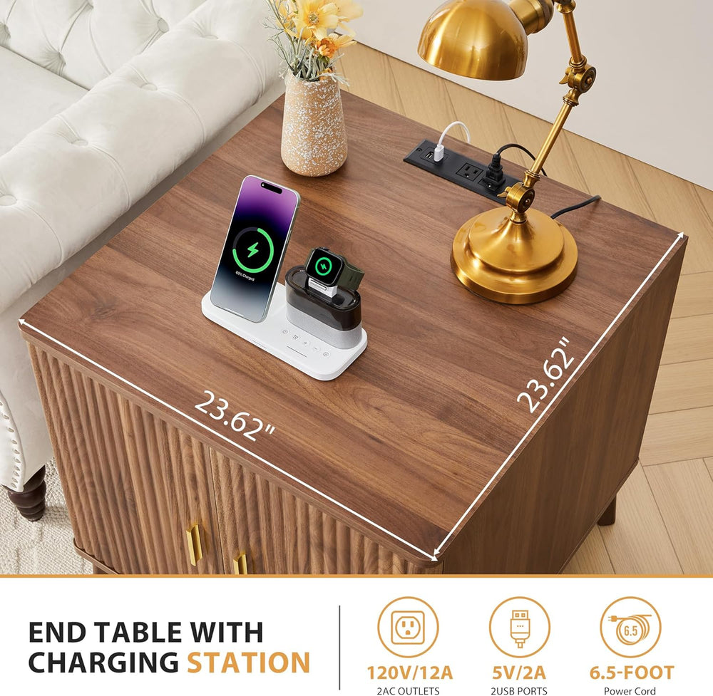 Fluted End Table with Charging Station, 2 Door Side Table with Storage, Mid C...