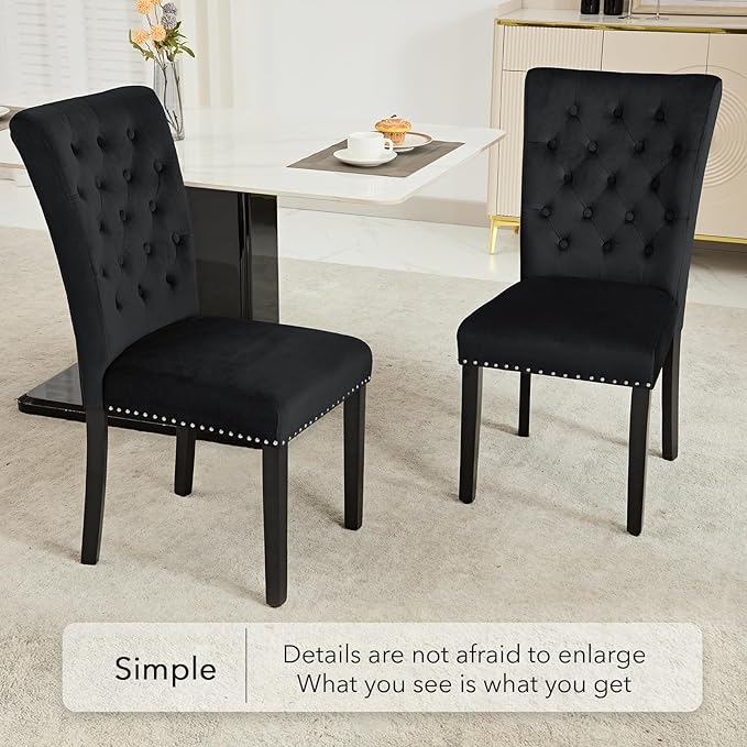 Velvet Dining Kitchen Chair Set of 2, Parsons Upholstered Dining Room Chair, Wood Accent Chair with Nailed Trim, Black