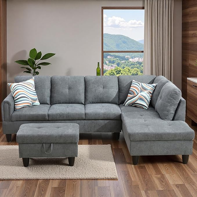 Sectional Couches for Living Room with Movable Chaise & Storage Ottoman - 97.5" Velvet L Shaped Couches for Living Room Apartment, 4 Seat Home Furniture Modular Sectional Sofas, Grey