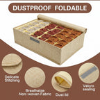 Beige Sock Organizer Divider 2 Pack with Lid - 30 Cell Foldable Closet Storage, Tie Organizer For Men Boxes for Socks, Ties, Belts