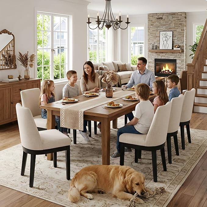 Modern Dining Chairs Set of 6 with Comfortable Back Support, Farmhouse Soft Linen Upholstered Kitchen Dining Room Chairs with Black Solid Wood Legs, Armless Accent Side Chairs for Living Room, Beige