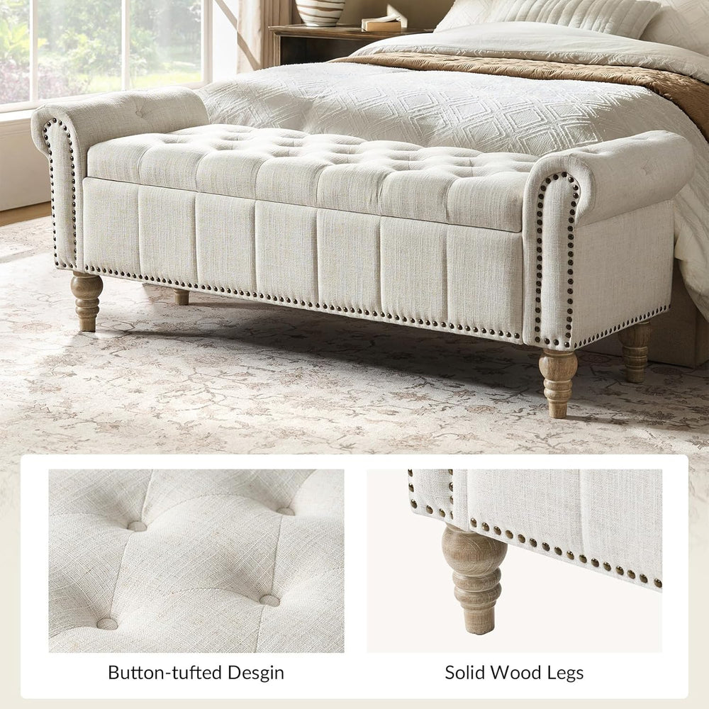 HULALA HOME Farmhouse Upholstered Storage Bench, End of Bed Bench with Vintag...