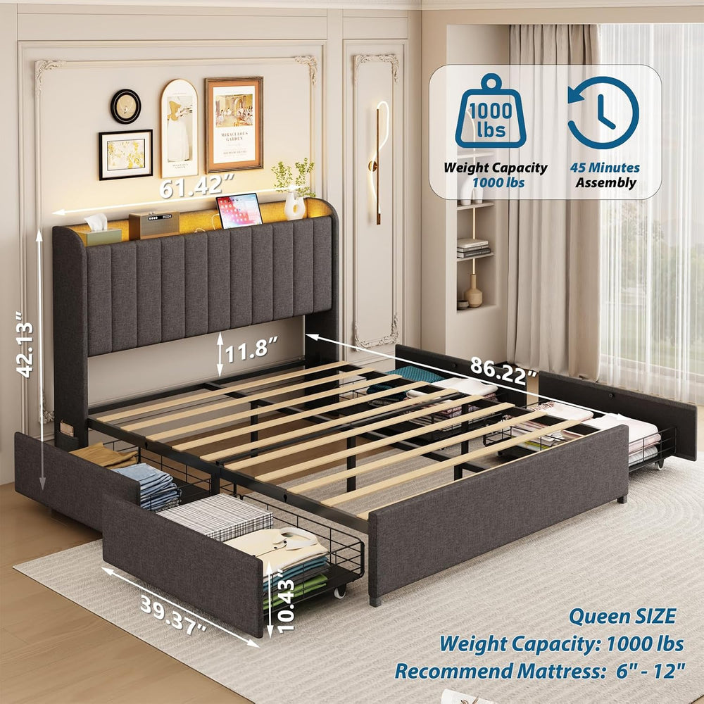 Queen Bed Frame with 4 Storage Drawers, LED Bed Frame with Charging Station, ...