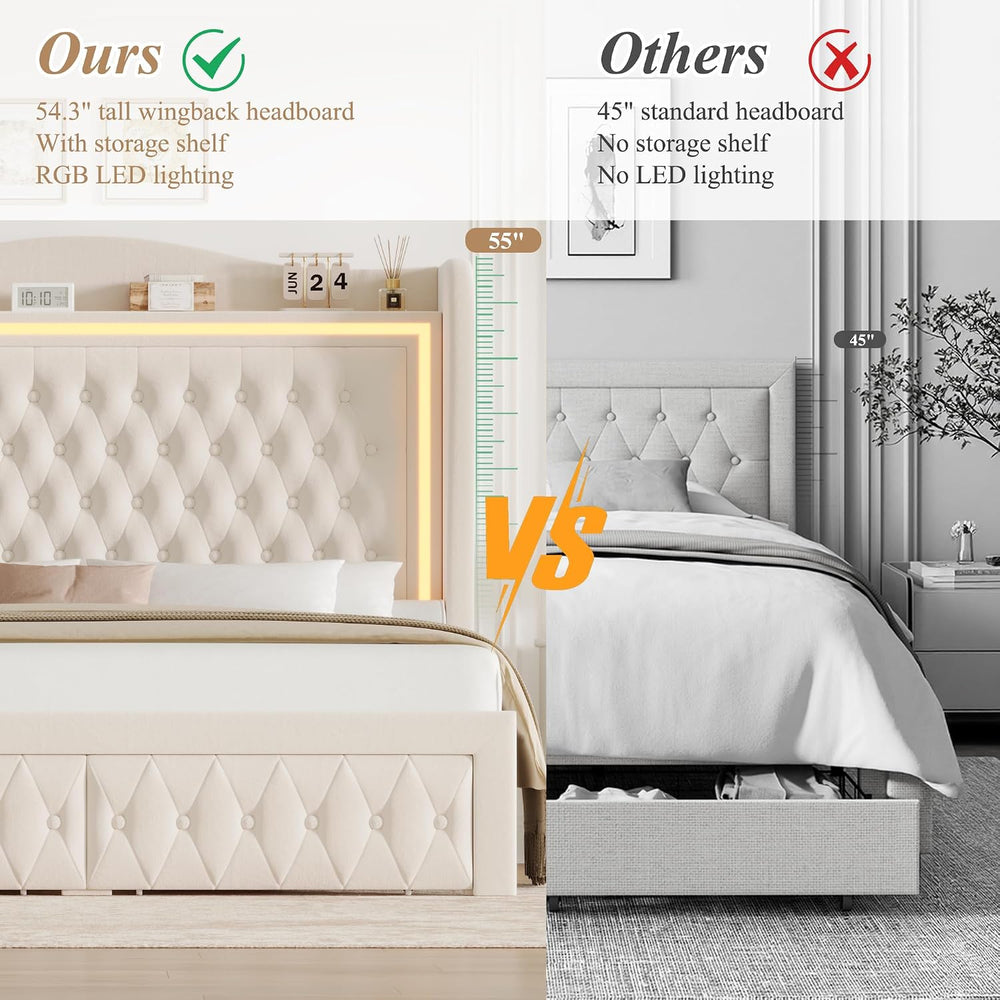 King Bed Frame 55" Tall Headboard with LED Lights, Buttons Tufted Velvet...