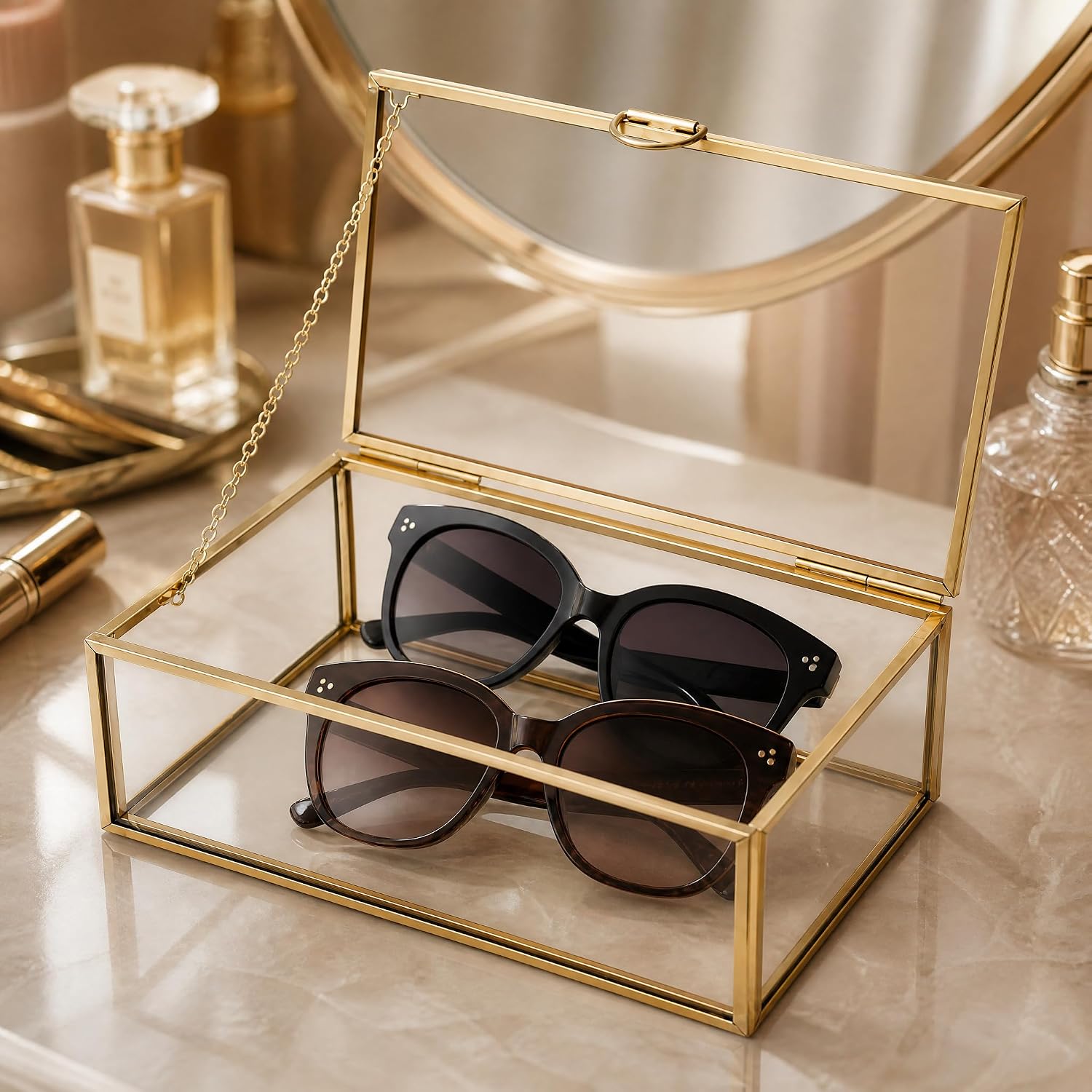 Glass Jewelry Box with Lid, Gold Metal Frame Trinket Box, Clear Display Case for Rings Earrings Necklace Bracelet, Small Jewelry Organizer for Vanity Bathroom Dresser Countertop Storage Box