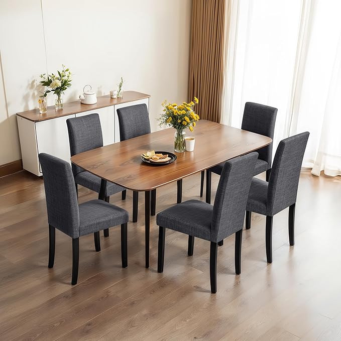 CHUN YI Upholstered Dining Chairs Set of 8, Fabric Dining Room Chairs with Solid Wood Legs, Modern Parson Chairs for Kitchen, Restaurant, Hotel, Dark Grey